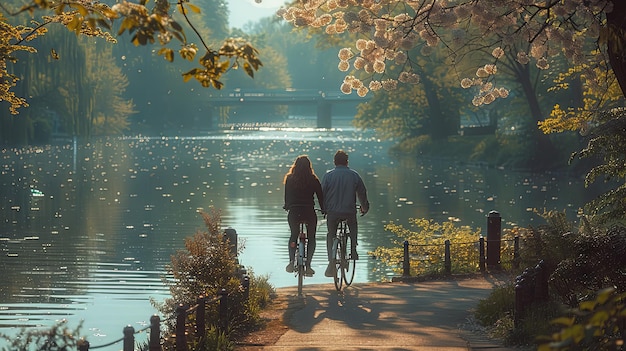 Woman and man riding bicycles by the lake