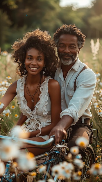 Woman and man riding bicycles on a sunny day