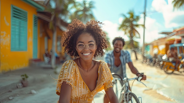 Woman and man riding bicycles on a sunny day