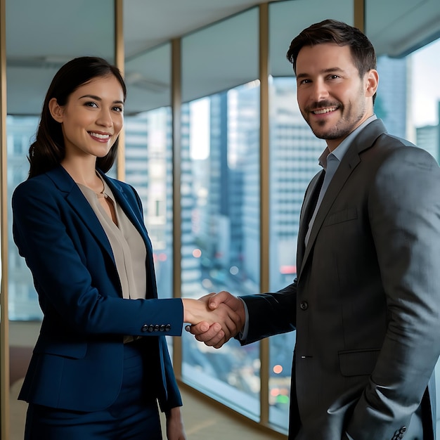 Woman and man shake hands partners