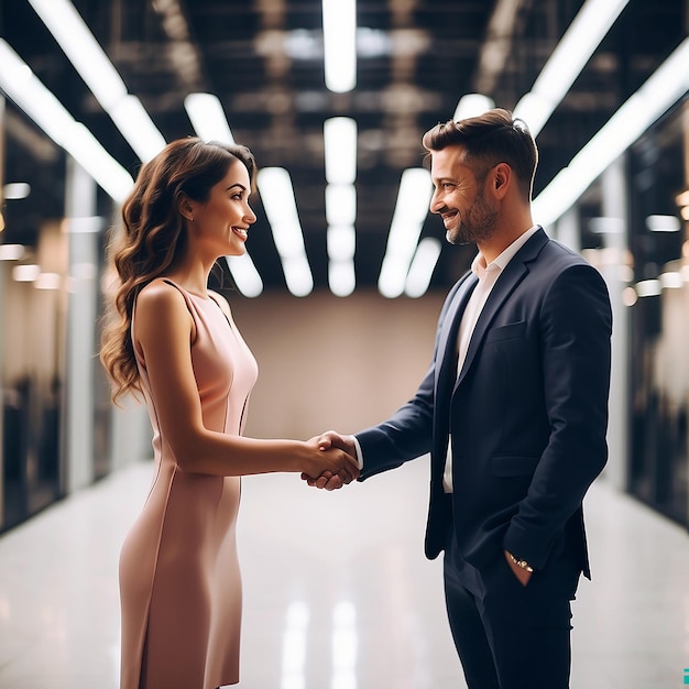 Woman and man shake hands partners