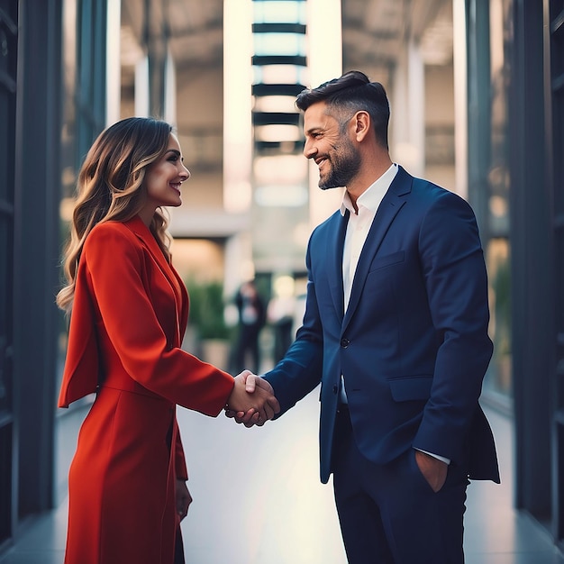 Woman and man shake hands partners