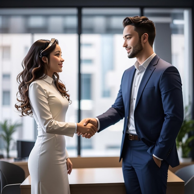 Woman and man shake hands partners