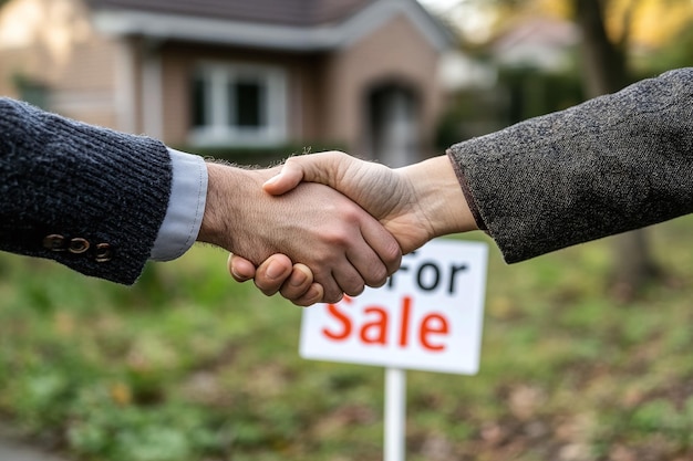 Photo a woman and man shaking hands with a sign that says for sale