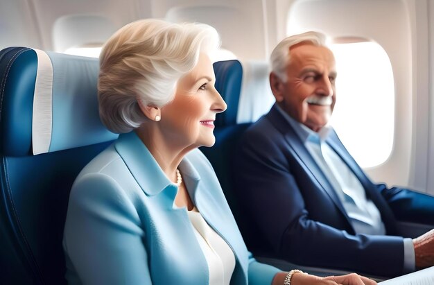 Photo a woman and man sit in an airplane with a man in a blue suit