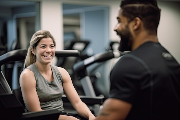 Woman and man smiling at each other in the gym Generative Ai