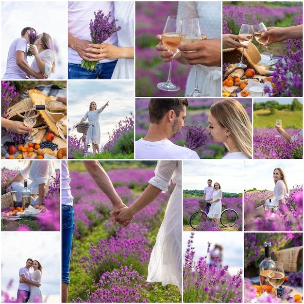 Woman and man together in a lavender field collage Selective focus