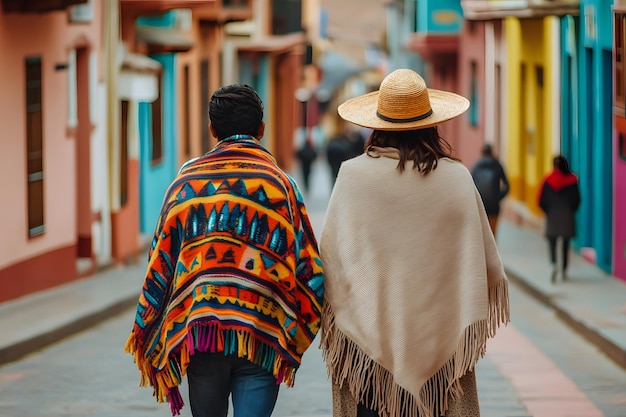 a woman and a man walk down a street with a hat on