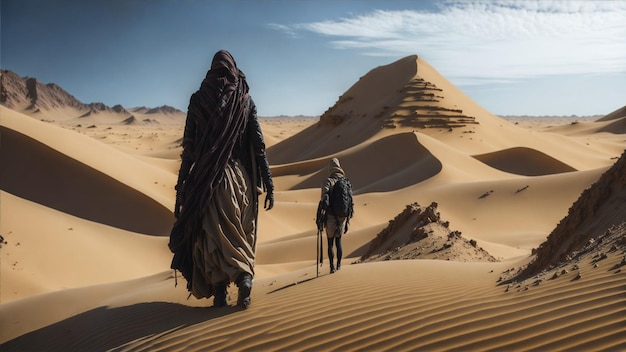 a woman and a man walk through the desert