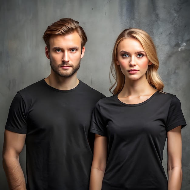 Photo woman and man wearing black tshirts on grey background