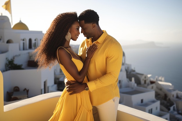 woman and man on a white terrace in Santorini Greece honeymoon couple of lovers romantic atmosphere