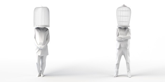 Photo woman and man with a cage instead of a head abstract concept of freedom  3d illustrationcopy space