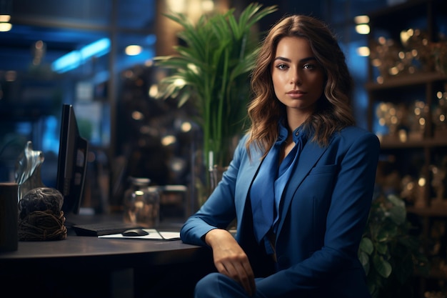 woman manager at the office blue suit sitting behind her