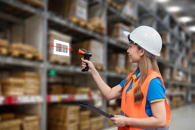 Woman manager professional smiling of warehouse logistic worker job check scanning