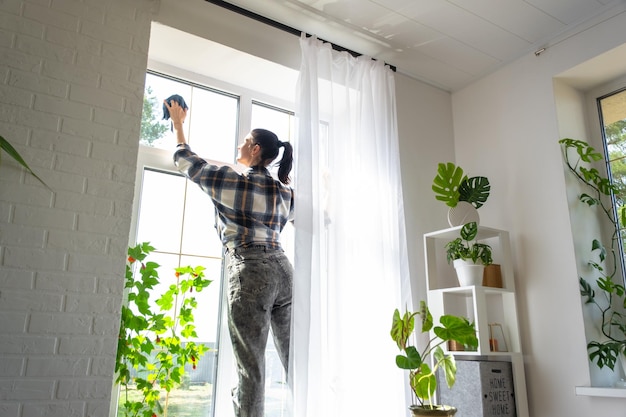 Woman manually washes the window of the house with a rag with spray cleaner and mop inside the interior with white curtains Restoring order and cleanliness in the spring cleaning servise