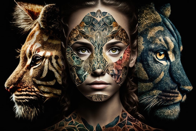 The Woman of Many Forms Portrait Transformation from Human to Animal