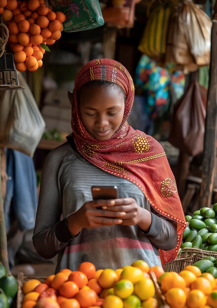 Woman in a market looking at her cell phone