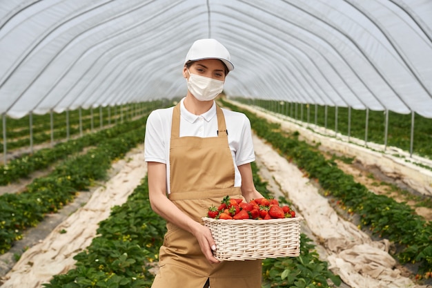 Woman in mask holding basket with fresh strawberries