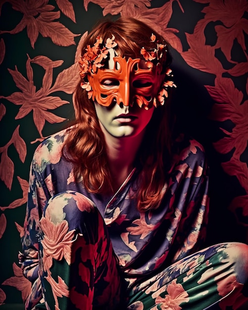 A woman in a mask sits on a wall with a floral pattern on it