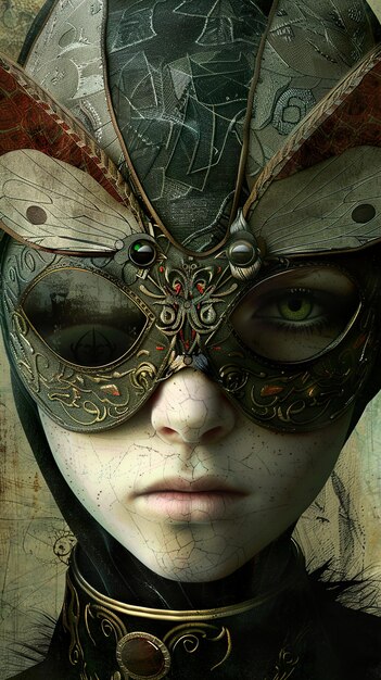 a woman in a mask that has a green eyes and a mask on it