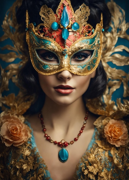 a woman in a mask with a blue and gold mask on it