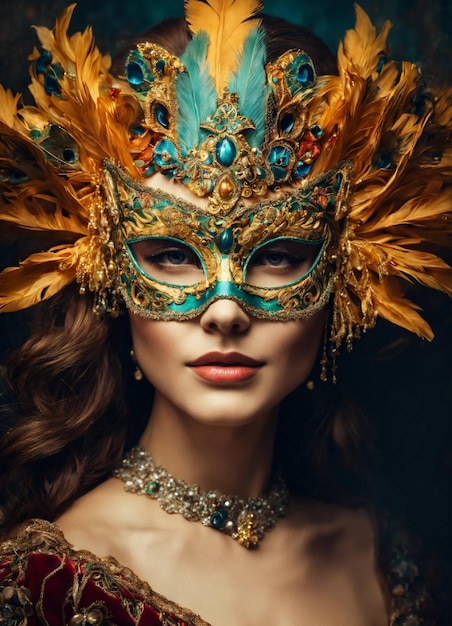 a woman in a mask with flowers on her face is standing in front of a gold backdrop