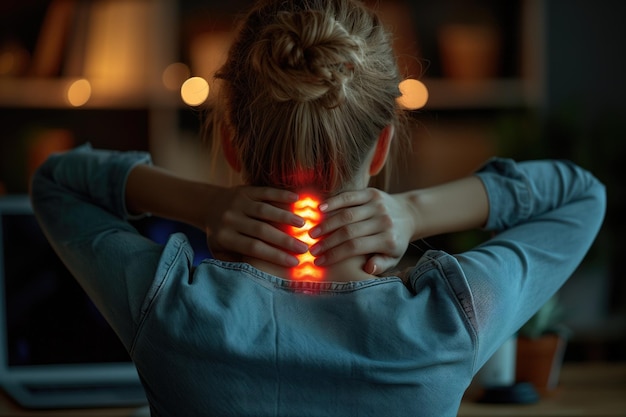 Woman massaging neck with highlighted pressure points glowing red in home office setting