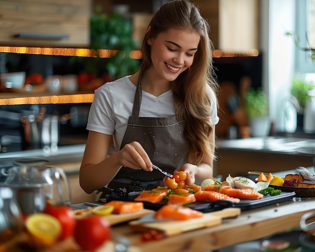 Photo woman mastering culinary skills in her home kitchen a symbol of growth and dedication learn to