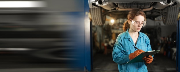 A woman mechanic stands against the background of a raised car holds the tablet in his hands and records the damage Marks with a pen Copy space