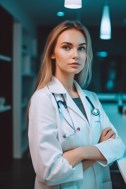 A woman in a medical uniform stands in front of a window