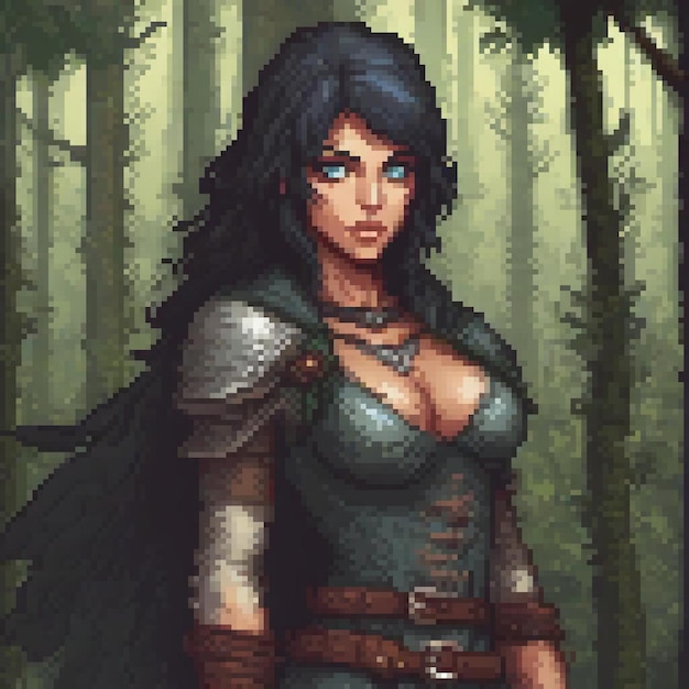 Woman in medieval armor amidst a mystical forest