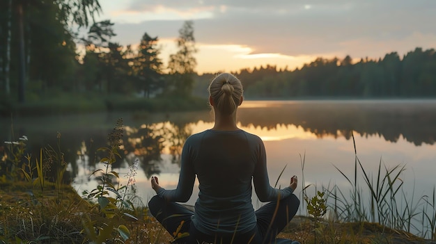 A woman meditates by a lake as the sun sets