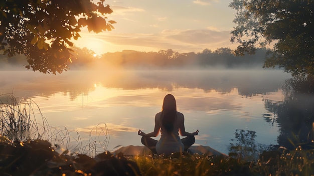 A woman meditates by a lake at sunrise