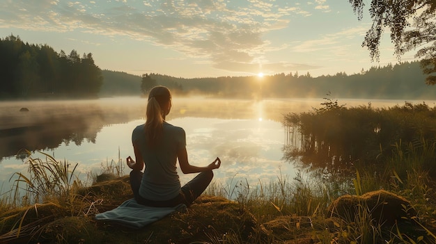 A woman meditates on a lakeshore as the sun rises