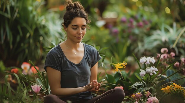 Photo woman meditates in a lush garden surrounded by colorful flowers