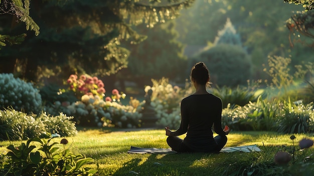 A woman meditates in a lush garden