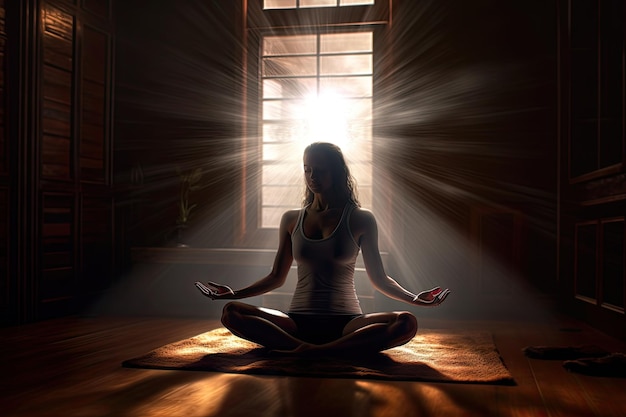 A woman meditates in a room with light rays in front of a window Created with generative ai