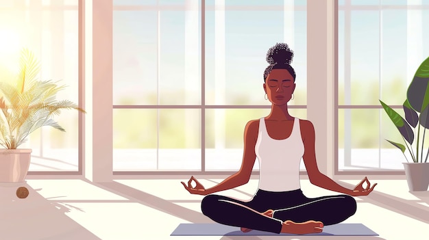 A woman meditates in a sunlit room with plants