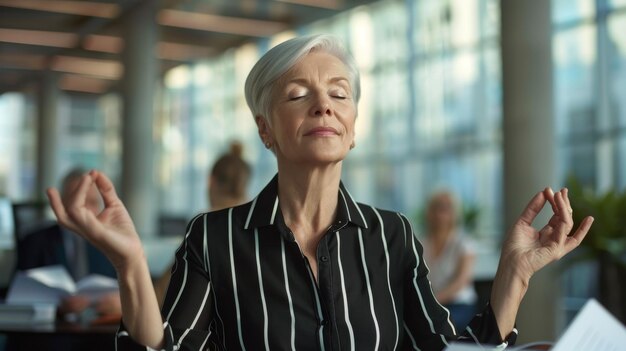 Photo a woman meditates for tranquility amidst a busy office environment