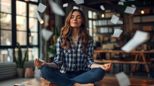 Woman Meditating Amidst Flying Papers