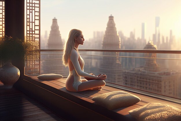 woman meditating on a balcony with a view of the city.