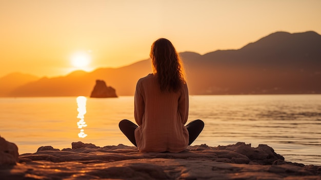 woman meditating on the beach at sunset