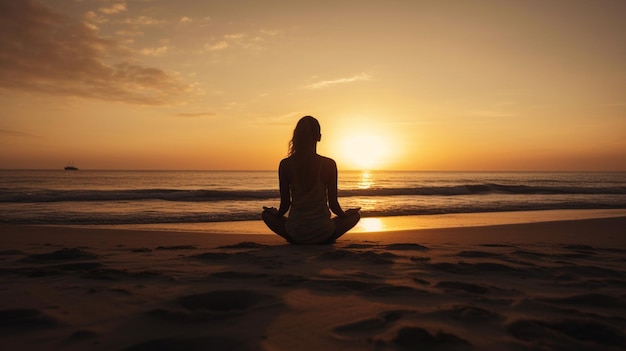 A woman meditating on the beach at sunset