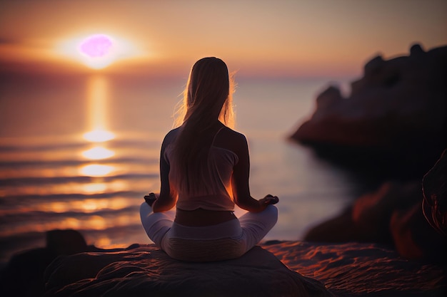 A woman meditating on a beach with the sun setting on background