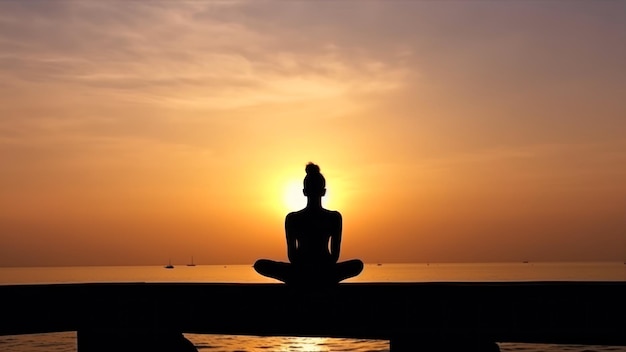 A woman meditating on a beach with the sun setting behind her.