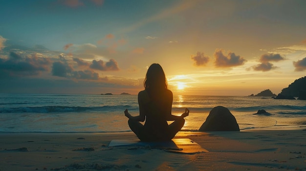 a woman meditating on the beach with the sun setting behind her