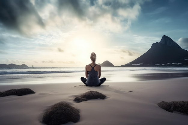 woman meditating on the beach with view from behind