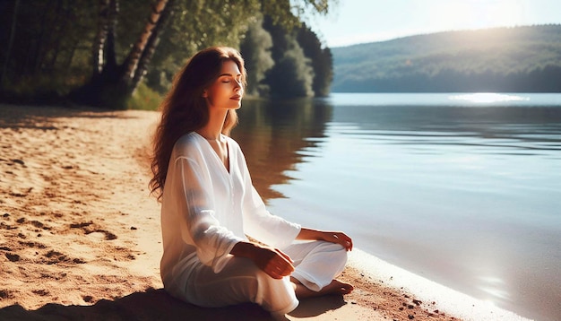 Photo woman meditating by a lake with a book in her hands