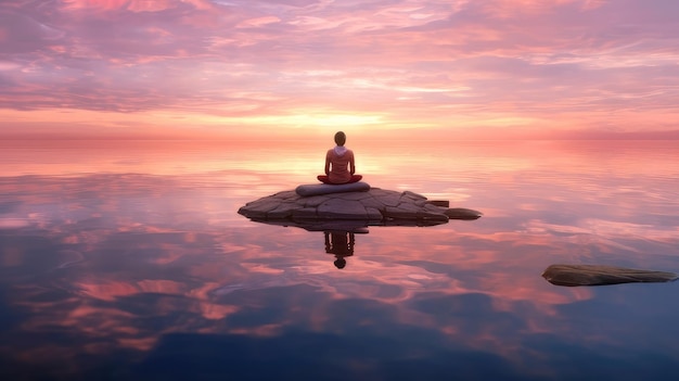 Woman meditating by the lake