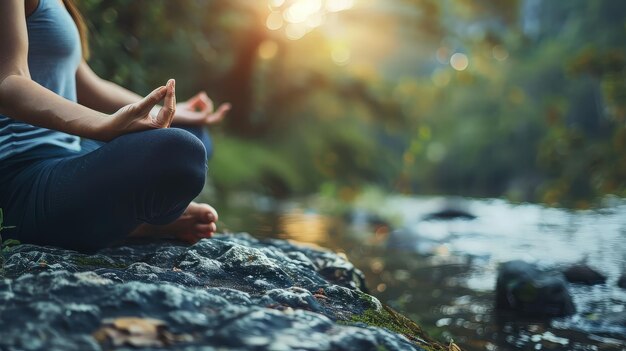 Woman Meditating by a River in a Lush Forest